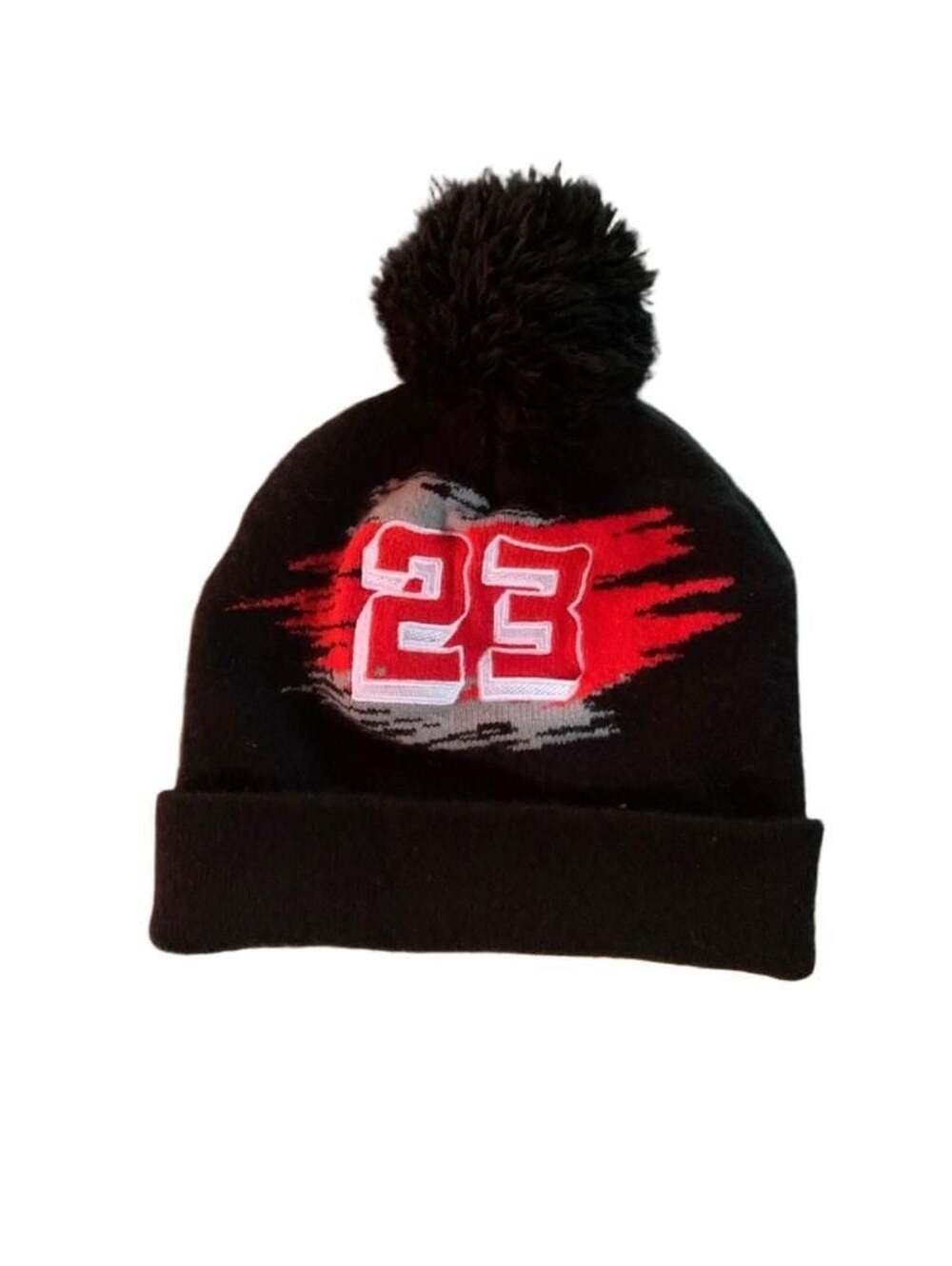 Lion Dynasty 23 Embroidered Pom Beanie Knit Hat Black and Red